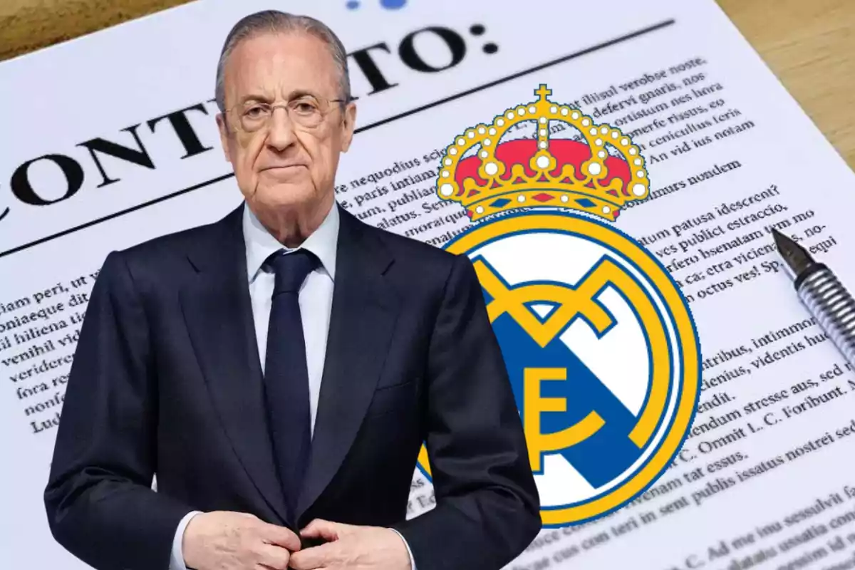 Un hombre de traje frente a un documento y el escudo del Real Madrid.