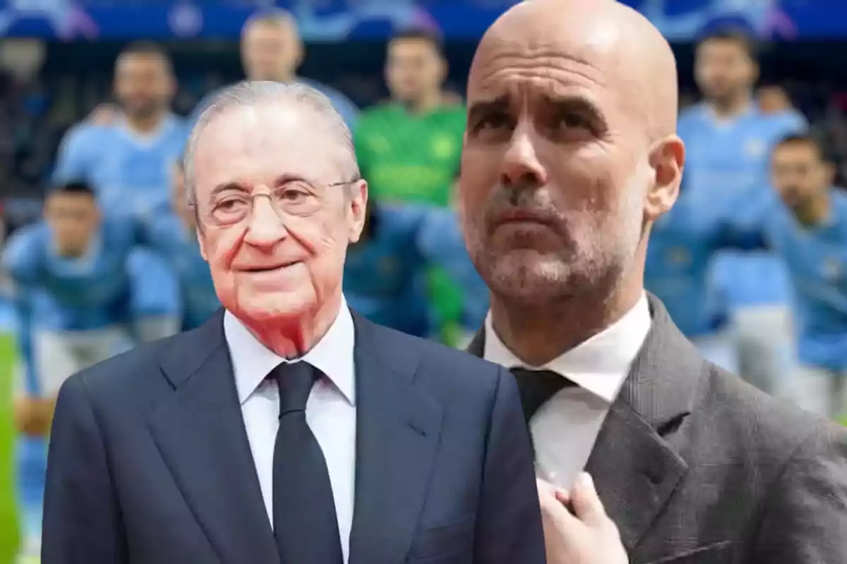 Florentino Pérez y Guardiola con fondo de once del City