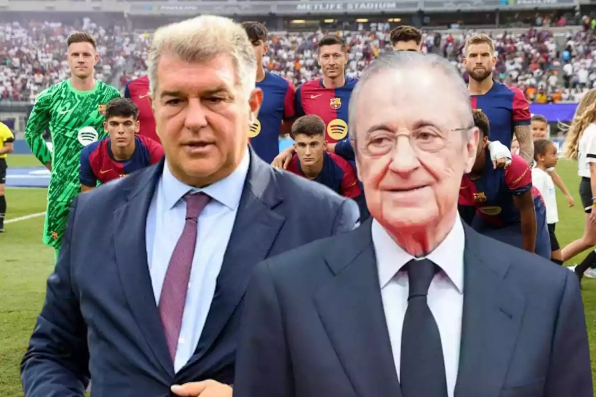 Florentino Pérez y Joan Laporta frente a once del Barça