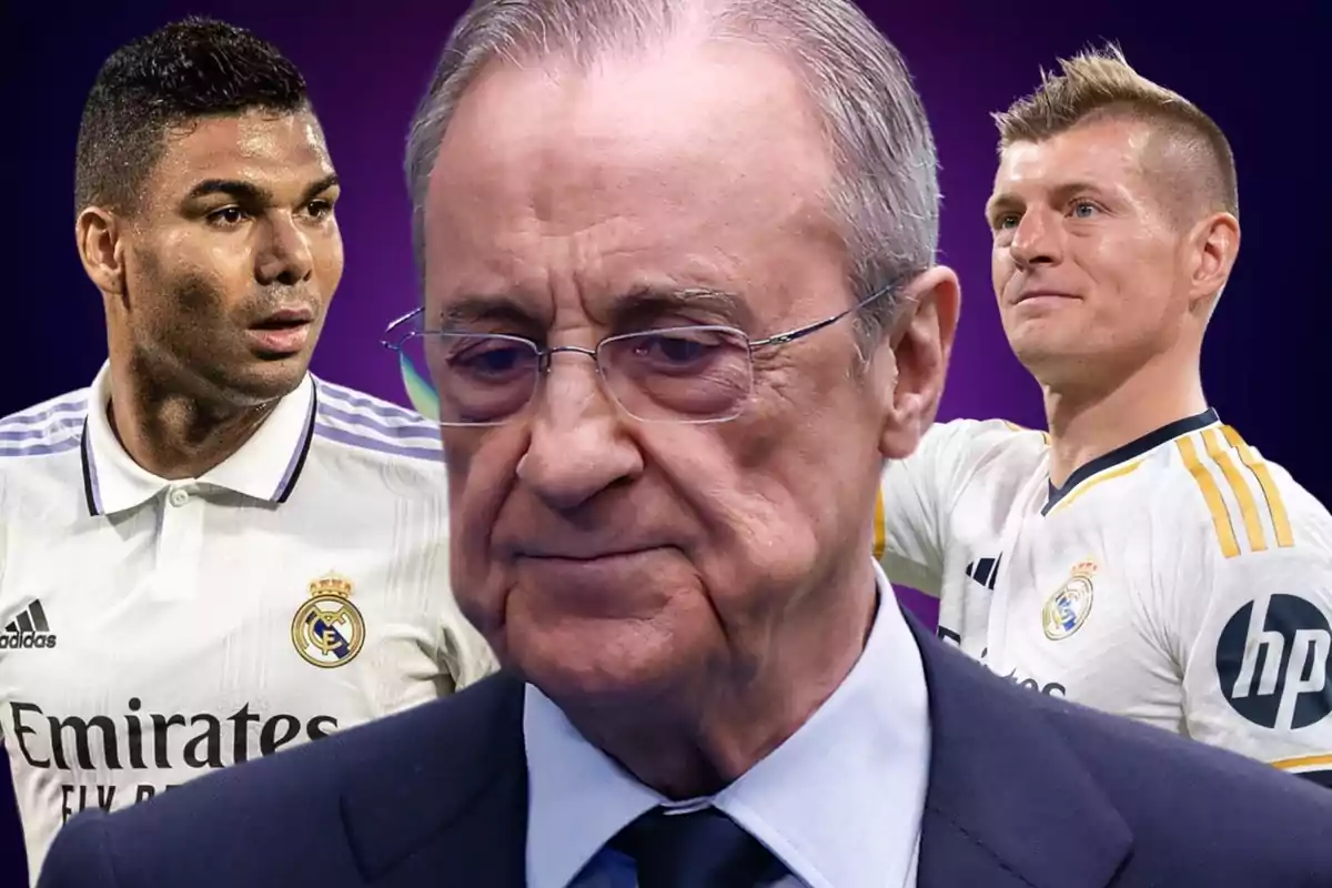 Tres personas relacionadas con el Real Madrid, dos jugadores y una persona mayor en el centro.