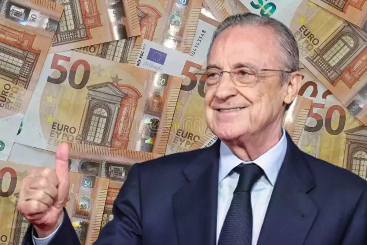 Florentino Pérez frente a un fondo de billetes de 50 euros.