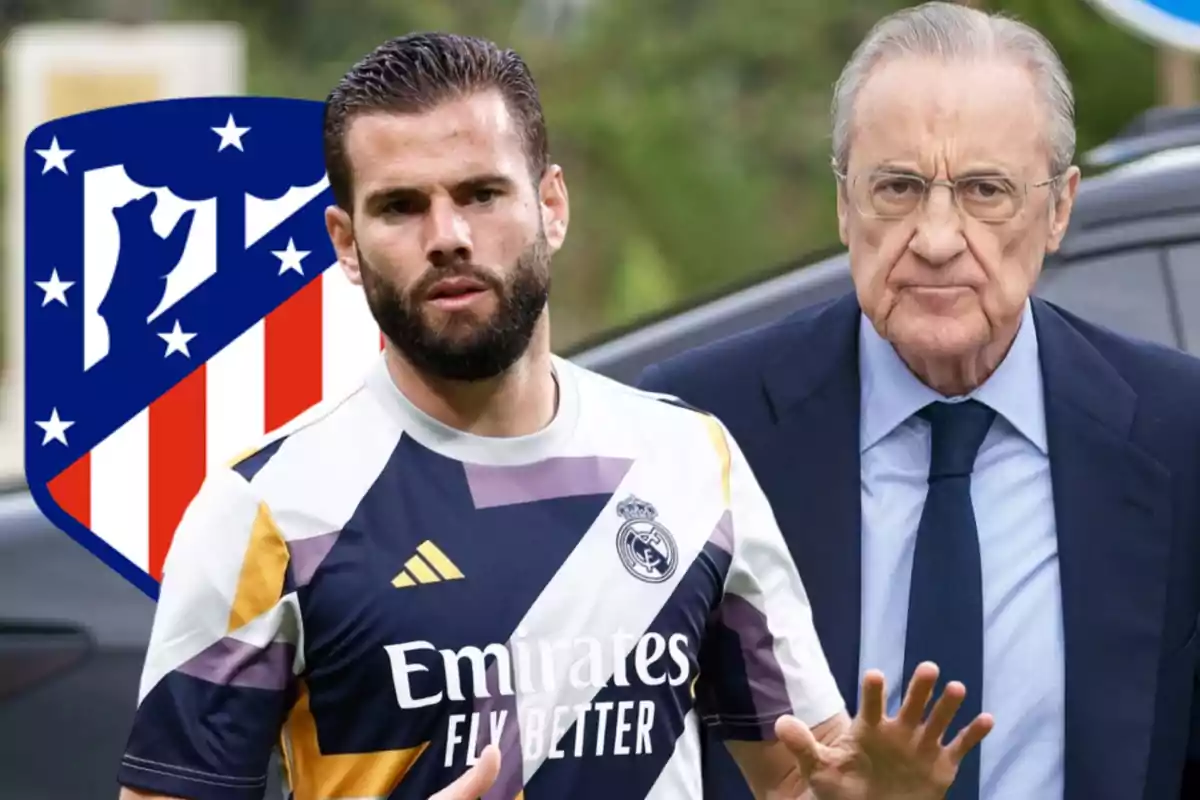 Un jugador del Real Madrid y un hombre mayor con gafas están frente a un escudo del Atlético de Madrid.