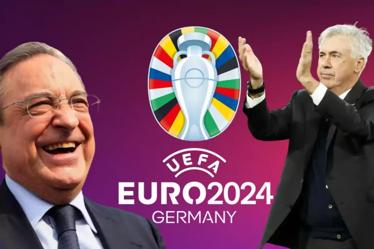 Dos personas junto al logo de la UEFA Euro 2024 en Alemania.