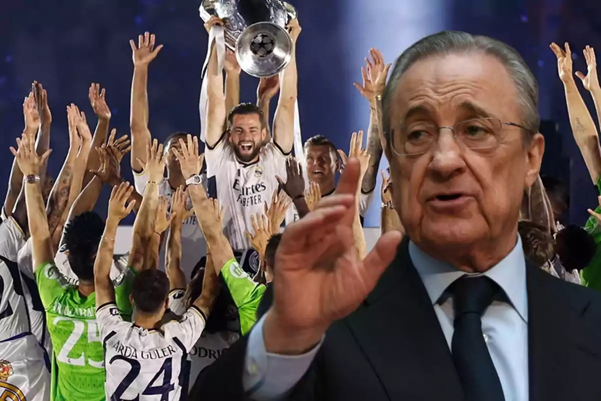 Florentino Pérez con la mano en alto en señal de advertencia y de fondo la plantilla del Real Madrid levantando la 15ª Copa de Europa
