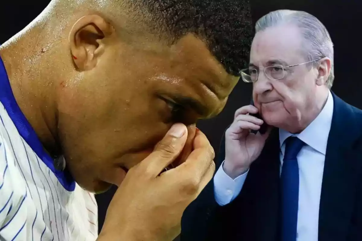 Kylian Mbappé con la camiseta de Francia se tapa la nariz rota con la mano, de fondo Florentino Pérez habla por teléfono