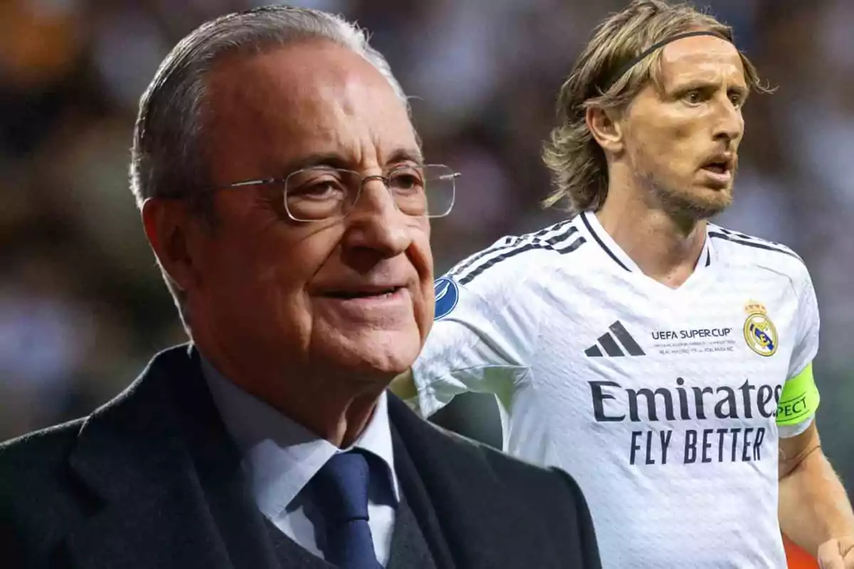 Un hombre mayor con gafas y un jugador de fútbol con uniforme blanco del Real Madrid.