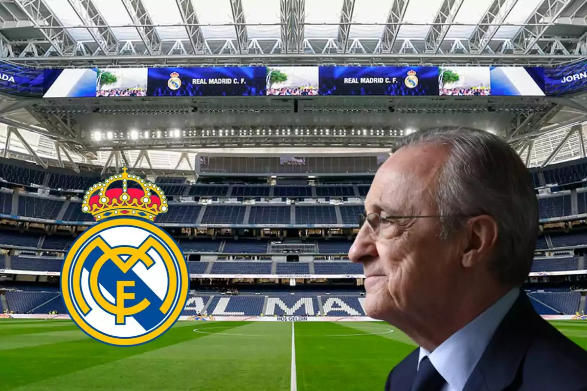 Un hombre de perfil frente al estadio del Real Madrid con el logo del equipo en primer plano.