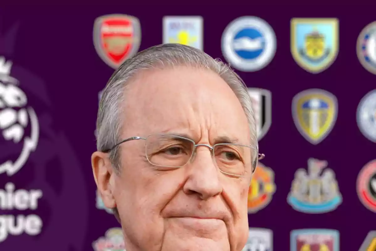 Un hombre con gafas aparece en primer plano con logotipos de equipos de fútbol en el fondo.