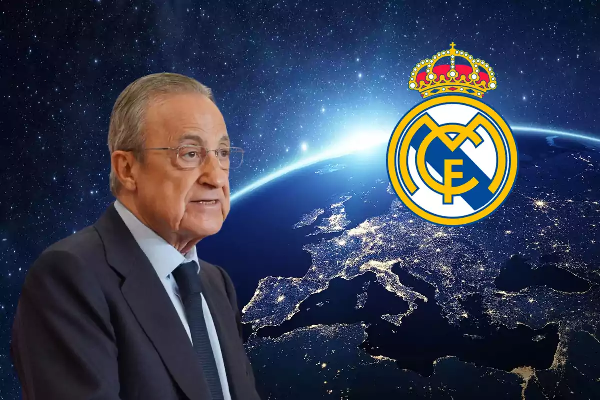 Hombre de traje con gafas frente a un fondo de la Tierra vista desde el espacio y el escudo del Real Madrid.