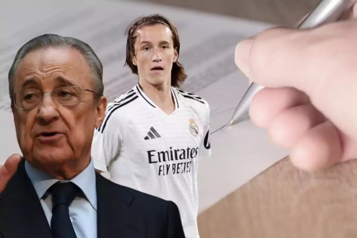 Una persona mayor con gafas y traje junto a un joven futbolista con la camiseta del Real Madrid, mientras una mano sostiene un bolígrafo sobre un documento.