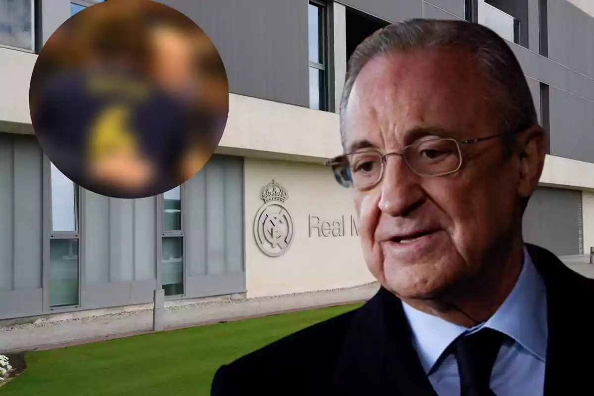 Un hombre mayor con gafas y traje oscuro aparece en primer plano, mientras que en el fondo se ve un edificio con el logo del Real Madrid.