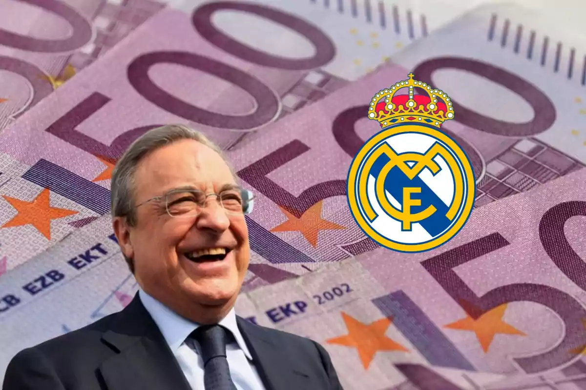 Hombre sonriendo con fondo de billetes de 500 euros y el logo del Real Madrid.