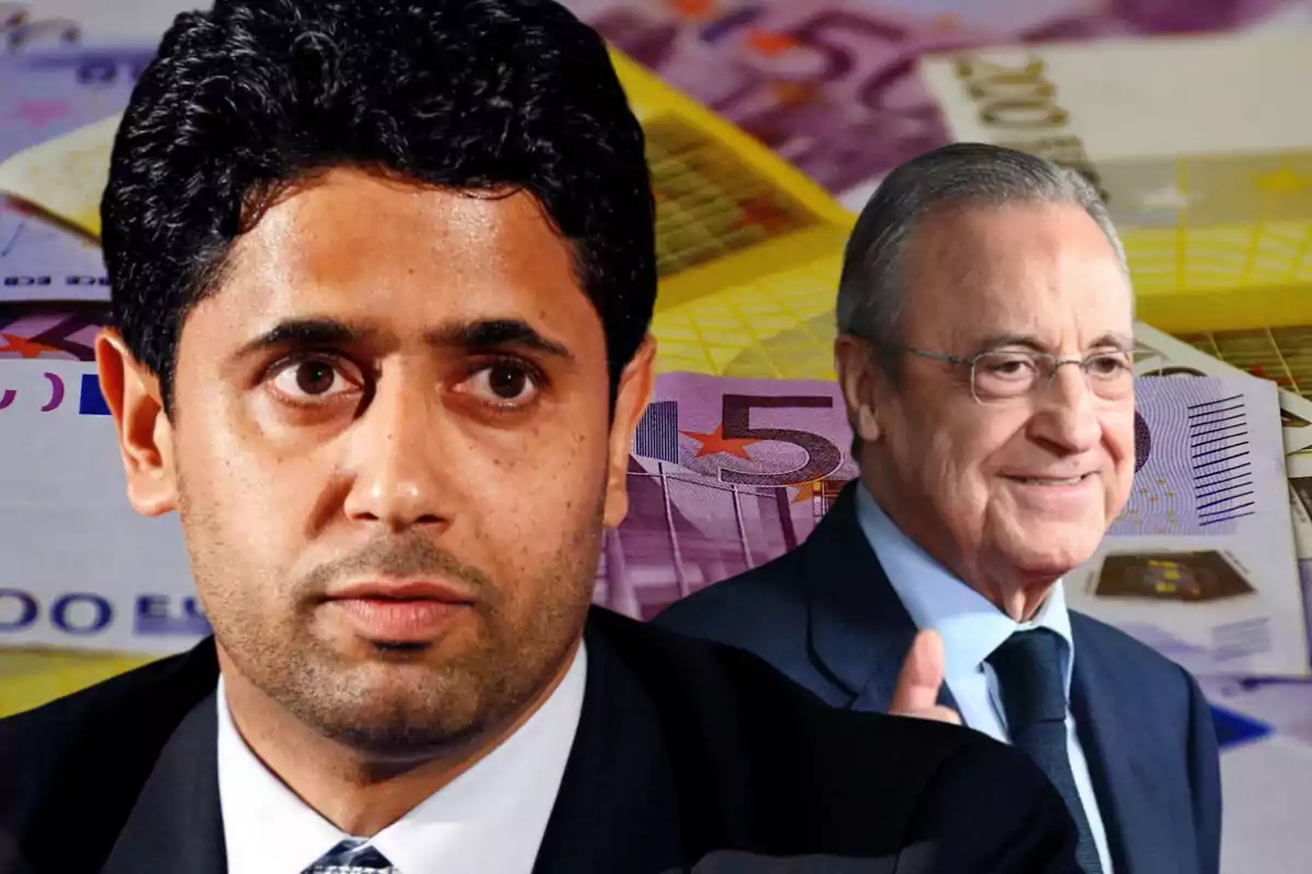 Nasser Al-khelaifi con traje y rostro serio, detrás Florentino Pérez sonriente y con el pulgar de una mano levantado, de fondo billetes de 200 y 500 euros