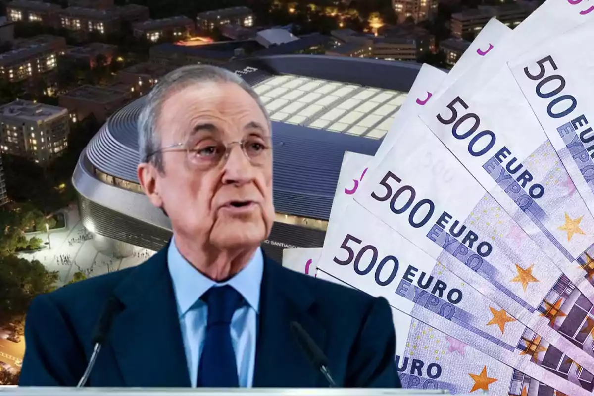 Florentino Pérez frente al Bernabéu y billetes de 500 euros.