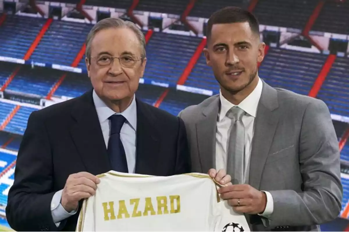 Florentino y Hazard en la presentación con el Real Madrid