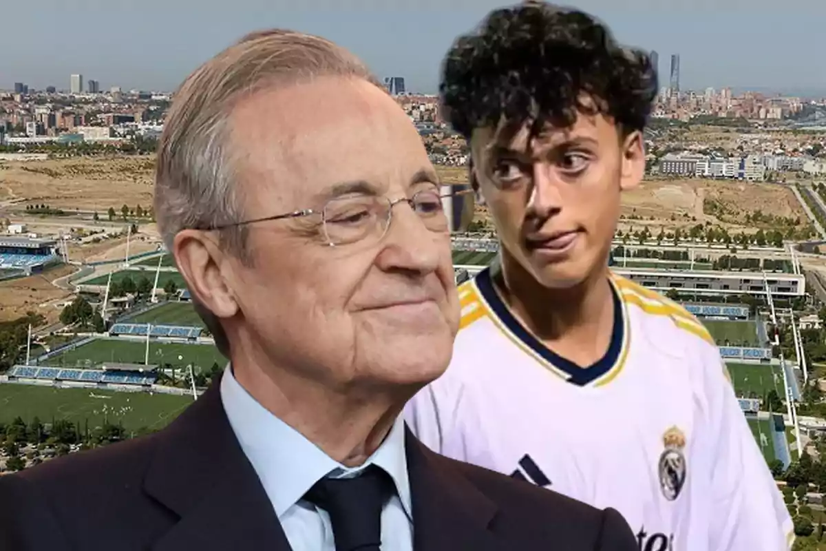 Dos personas, una de ellas con traje y gafas, y la otra con una camiseta de fútbol del Real Madrid, posan frente a un paisaje urbano con campos de fútbol.