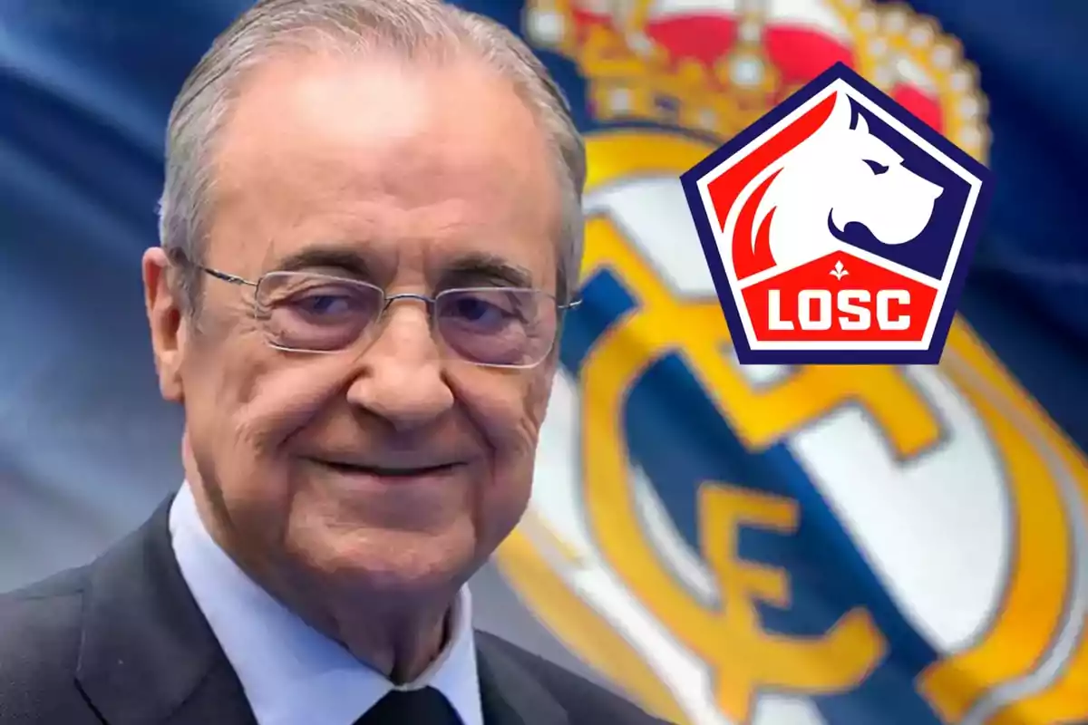 Un hombre mayor con gafas y traje sonríe frente a un fondo con el escudo del Real Madrid y el logo del LOSC Lille.