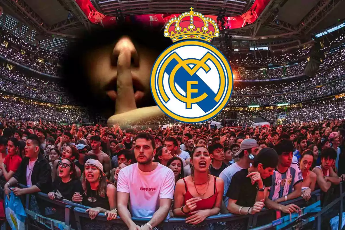 Una multitud en un estadio con un logo del Real Madrid y una imagen de un gesto de silencio superpuestos.