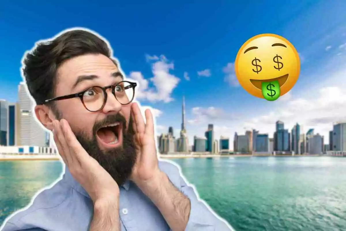 Hombre sorprendido con fondo de Dubái y un emoji de cara con signos de dólar en los ojos.