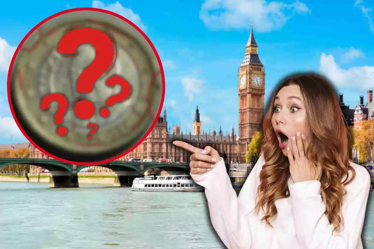 Una mujer sorprendida señala una moneda con signos de interrogación en frente del Big Ben en Londres.