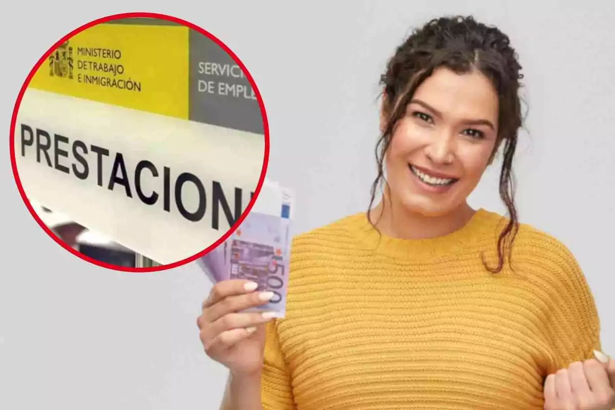 Una mujer sonriente con un suéter amarillo sostiene billetes de euro, mientras que en un recuadro se muestra un letrero del Ministerio de Trabajo e Inmigración con la palabra 