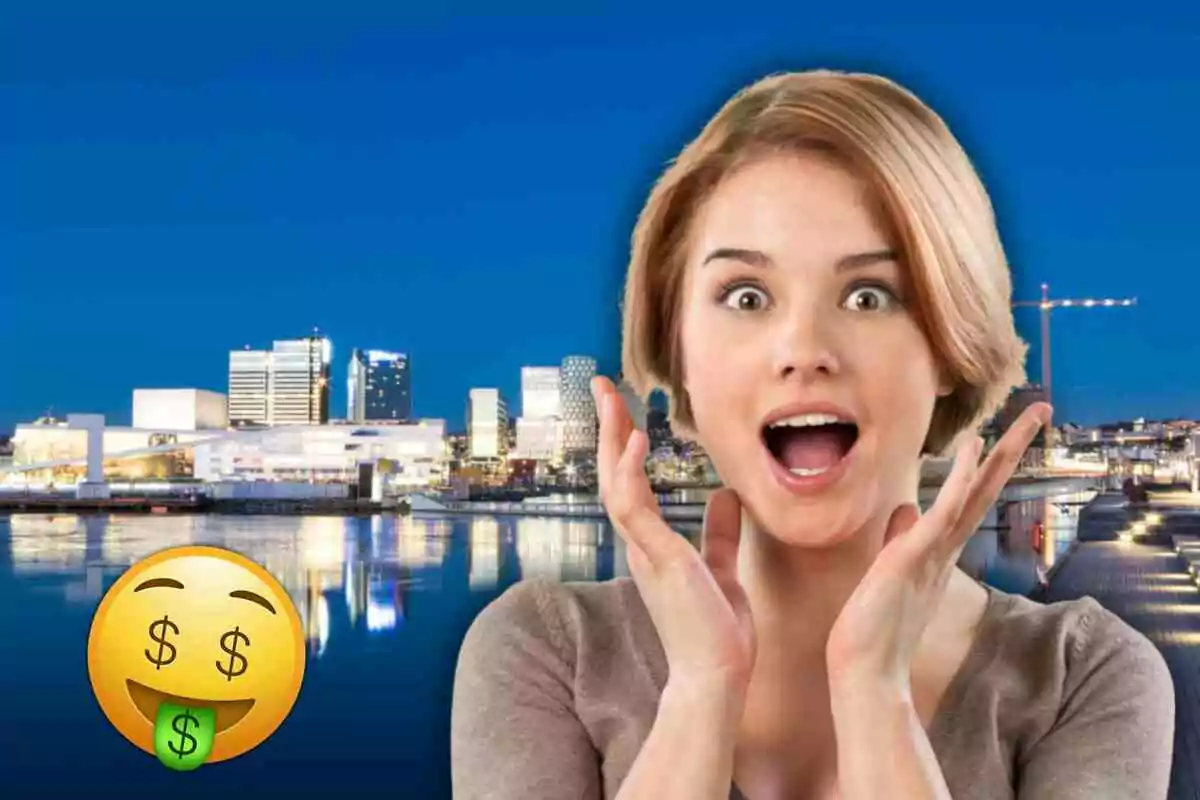 Una mujer con expresión de sorpresa frente a un paisaje urbano nocturno en Oslo con un emoji de cara con signos de dólar en los ojos y lengua.