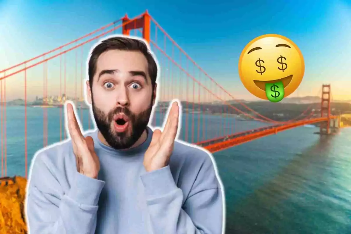 Hombre sorprendido frente al puente Golden Gate con un emoji de cara con signos de dólar.