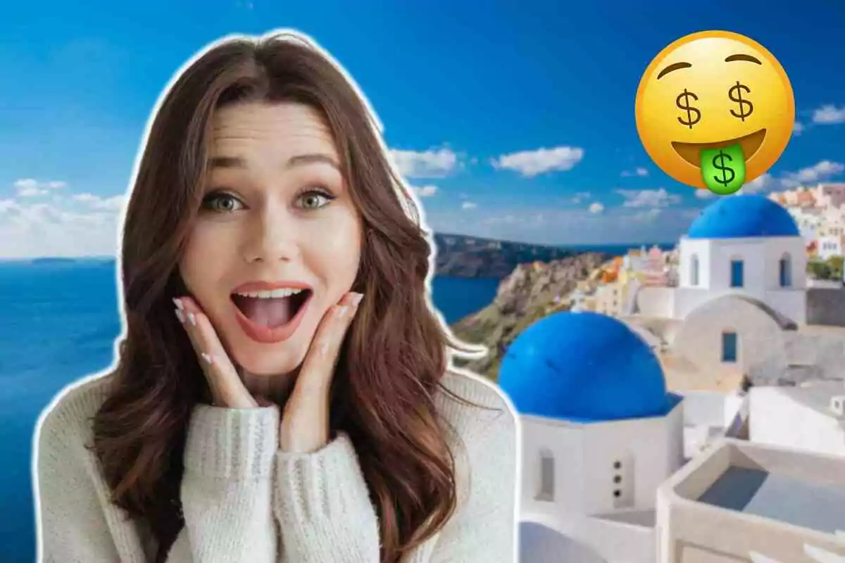 Mujer sorprendida con fondo de paisaje costero en Santorini y emoji de dinero.