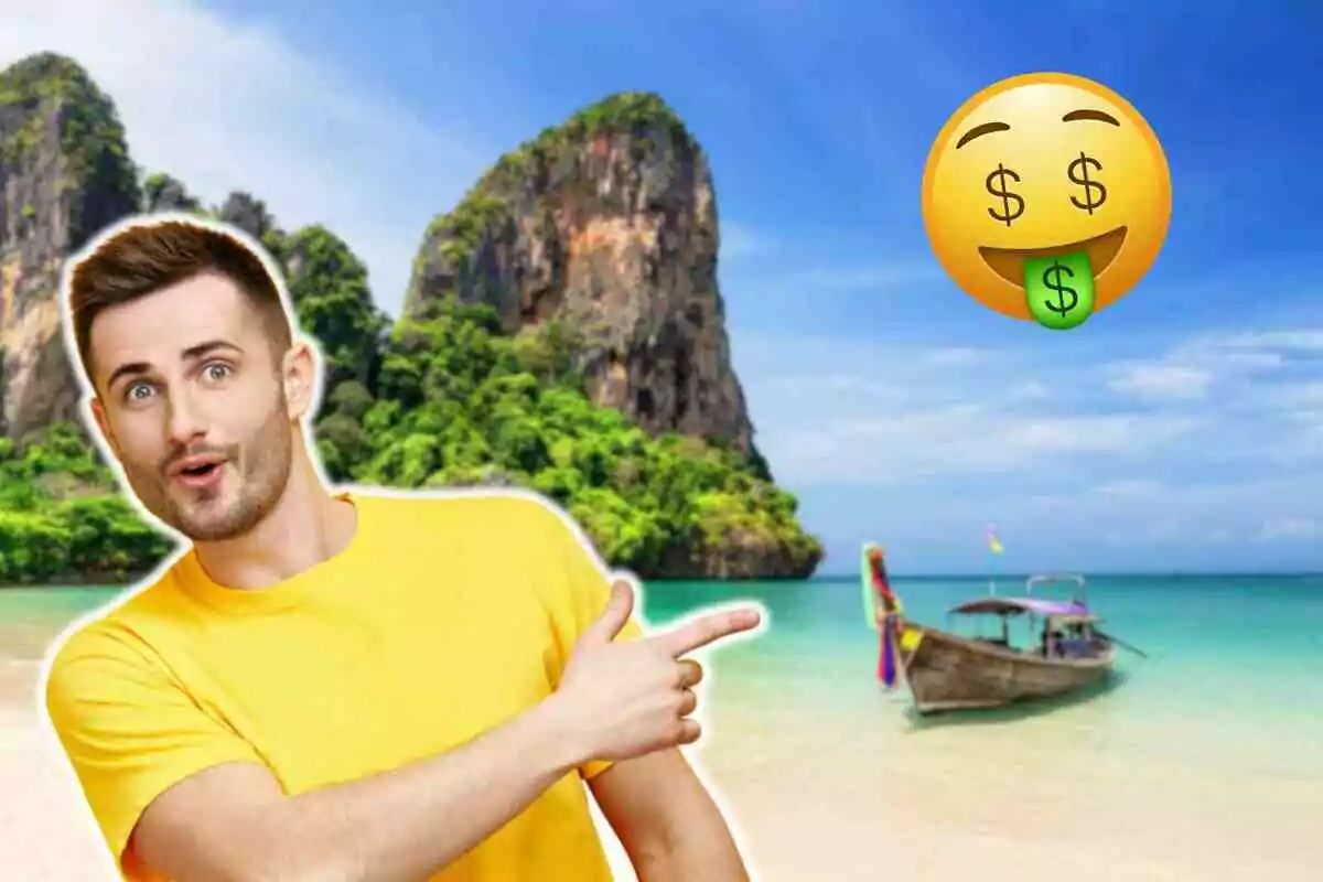 Un hombre con camiseta amarilla señala hacia un paisaje tropical con un bote en el agua en Tailandia y un emoji de cara con signos de dólar en los ojos y lengua.