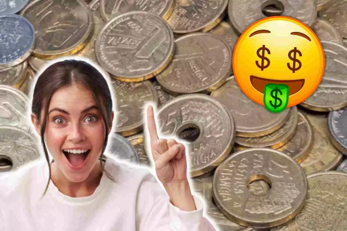 Una mujer sonriente con el dedo índice levantado, un emoji con signos de dólar en los ojos y la lengua, y un fondo de monedas.