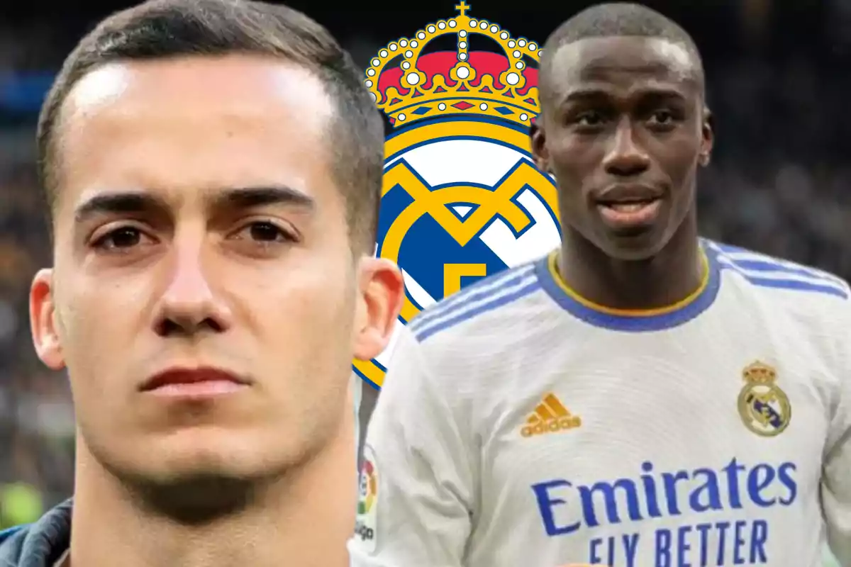 Dos jugadores de fútbol con el escudo del Real Madrid de fondo.