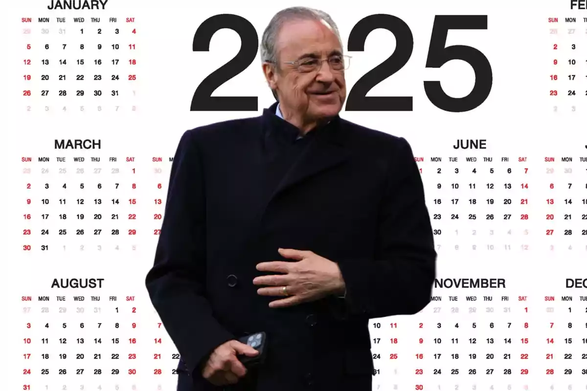 Un hombre de pie frente a un calendario del año 2025.