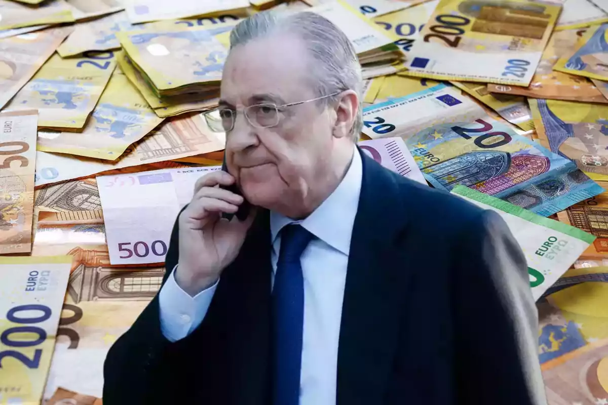 Hombre de traje hablando por teléfono móvil con billetes de euro en el fondo.