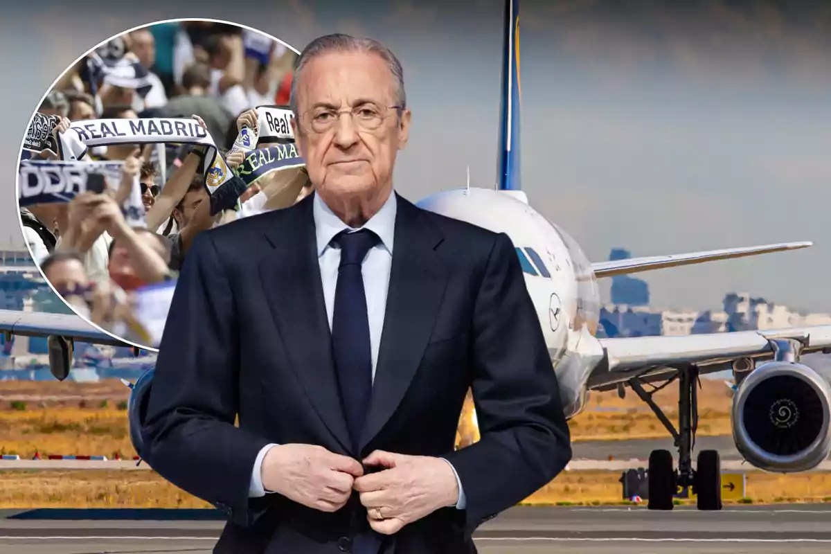 Un hombre de traje oscuro está de pie frente a un avión en una pista de aterrizaje, con una imagen superpuesta de aficionados del Real Madrid sosteniendo bufandas del equipo.