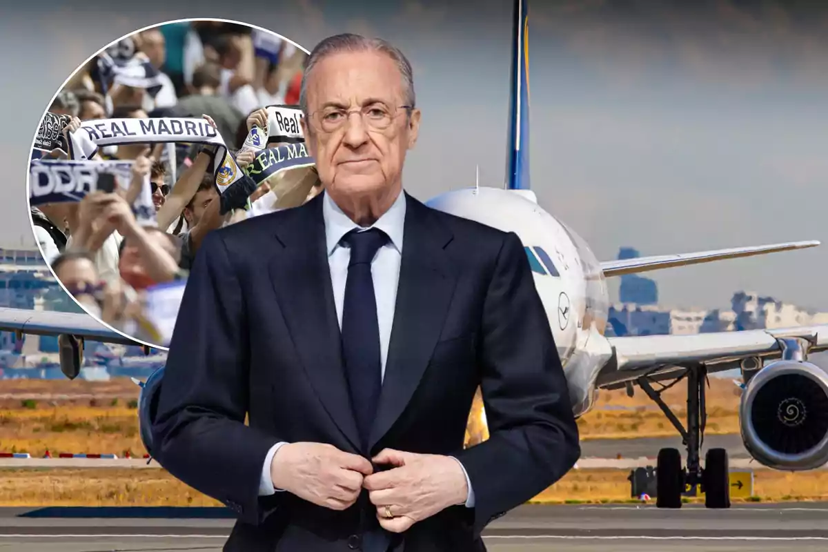 Florentino Pérez con un avión y una foto de la afición del Madrid detrás