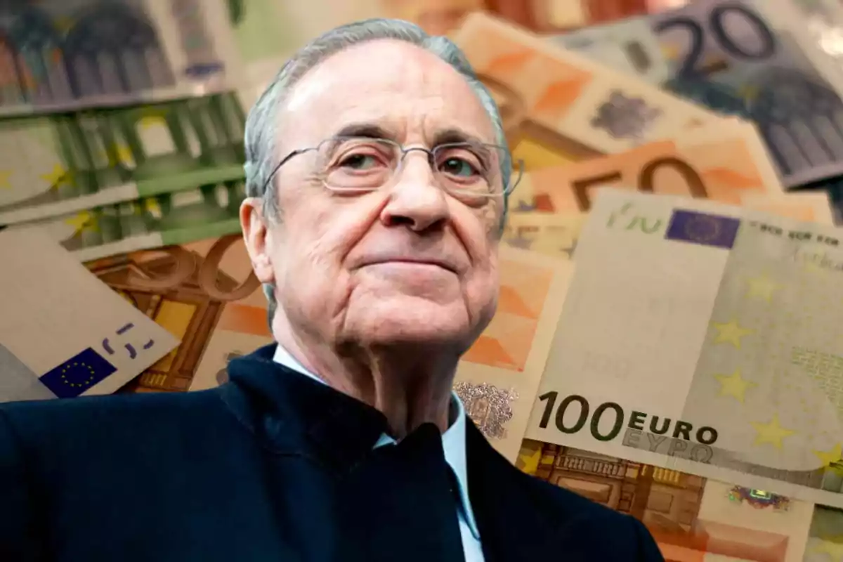 Un hombre mayor con gafas y expresión seria está frente a un fondo de billetes de euro.