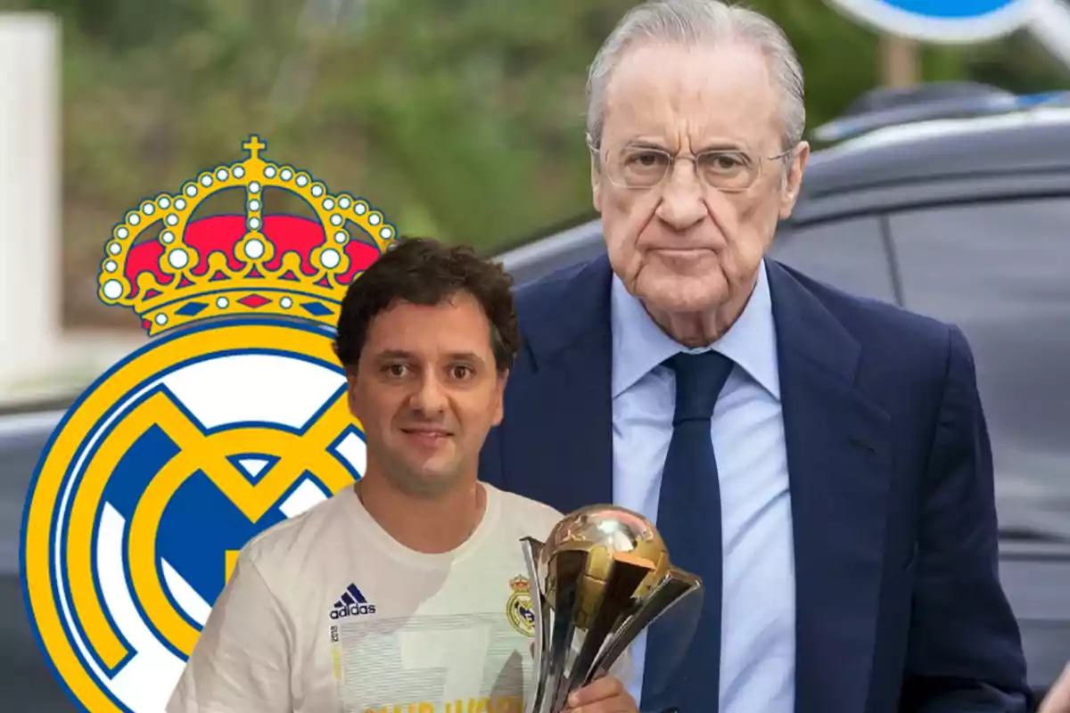 Florentino Pérez en traje con Juni Calafat a lado y el símbolo del Real Madrid