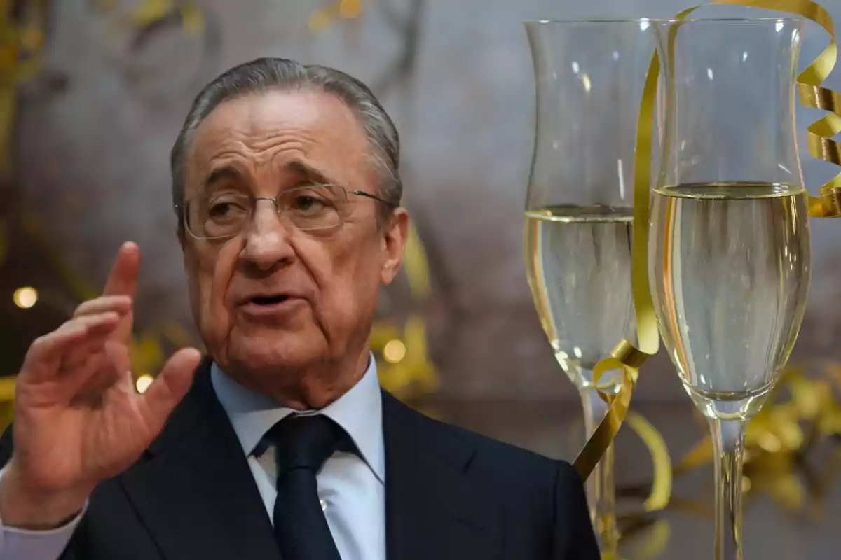 Florentino Pérez con unas copas de champán y lacitos dorados detrás