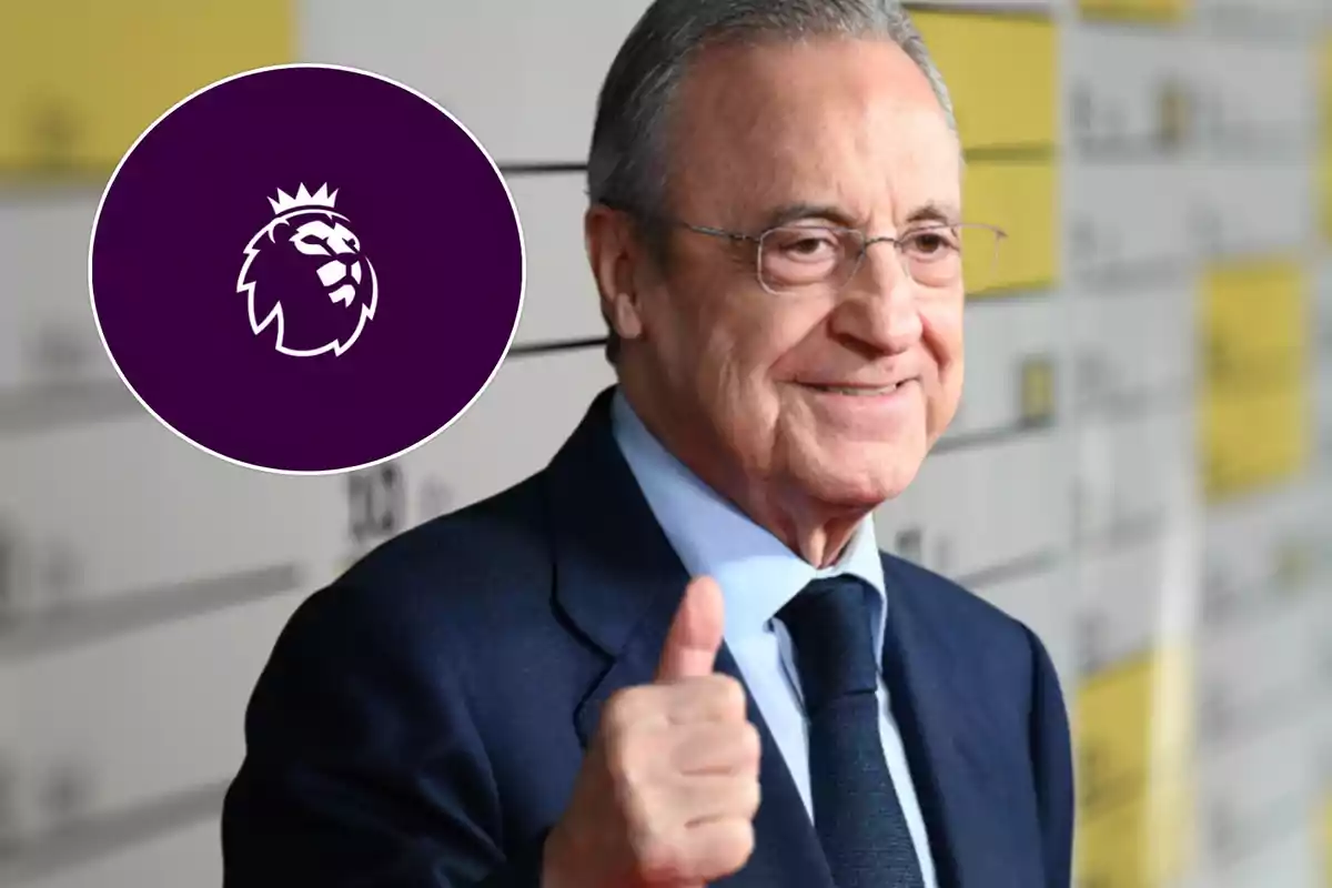 Florentino Pérez con el pulgar hacia arriba y el escudo del Bayern a su izquierda