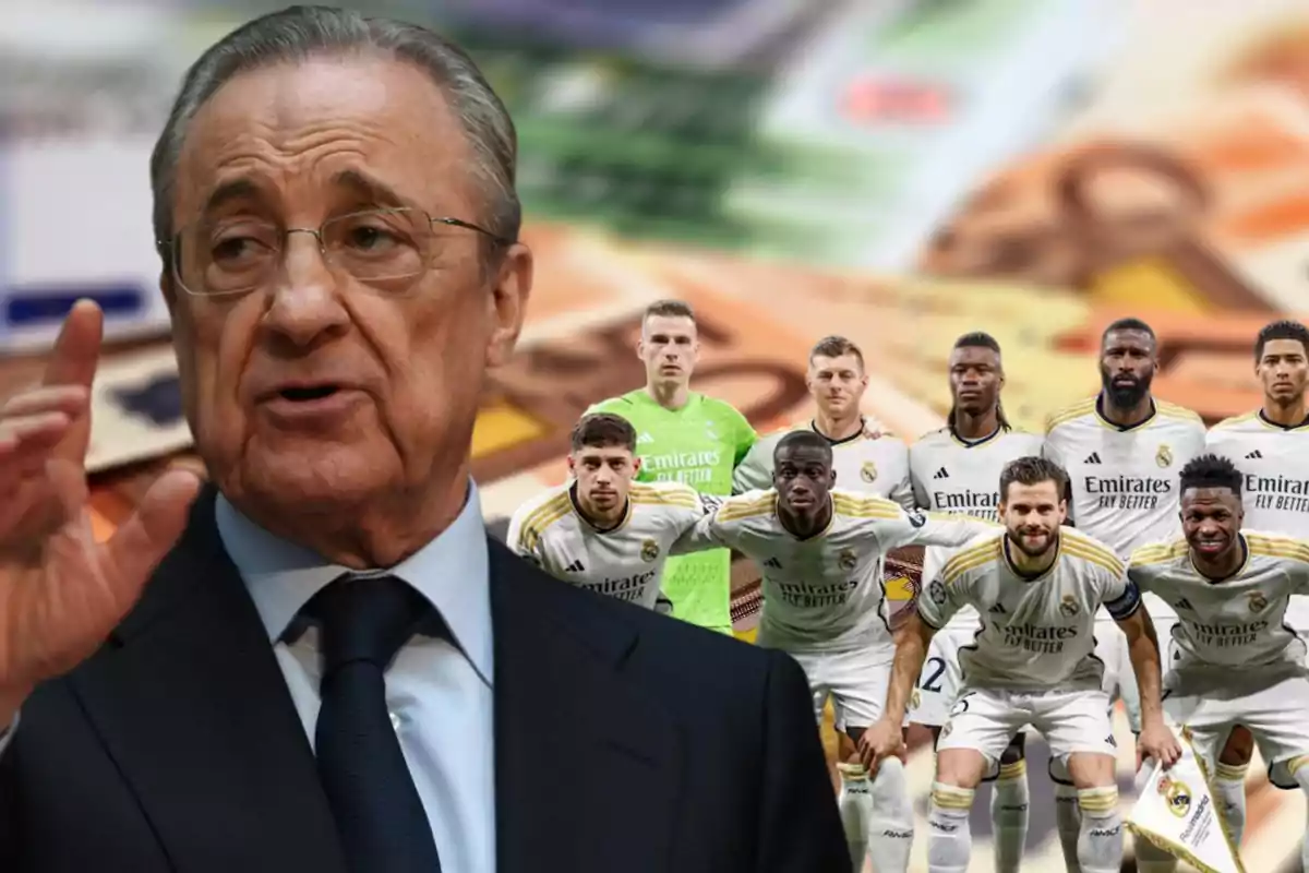 Florentino Pérez con el equipo del Real Madrid detrás