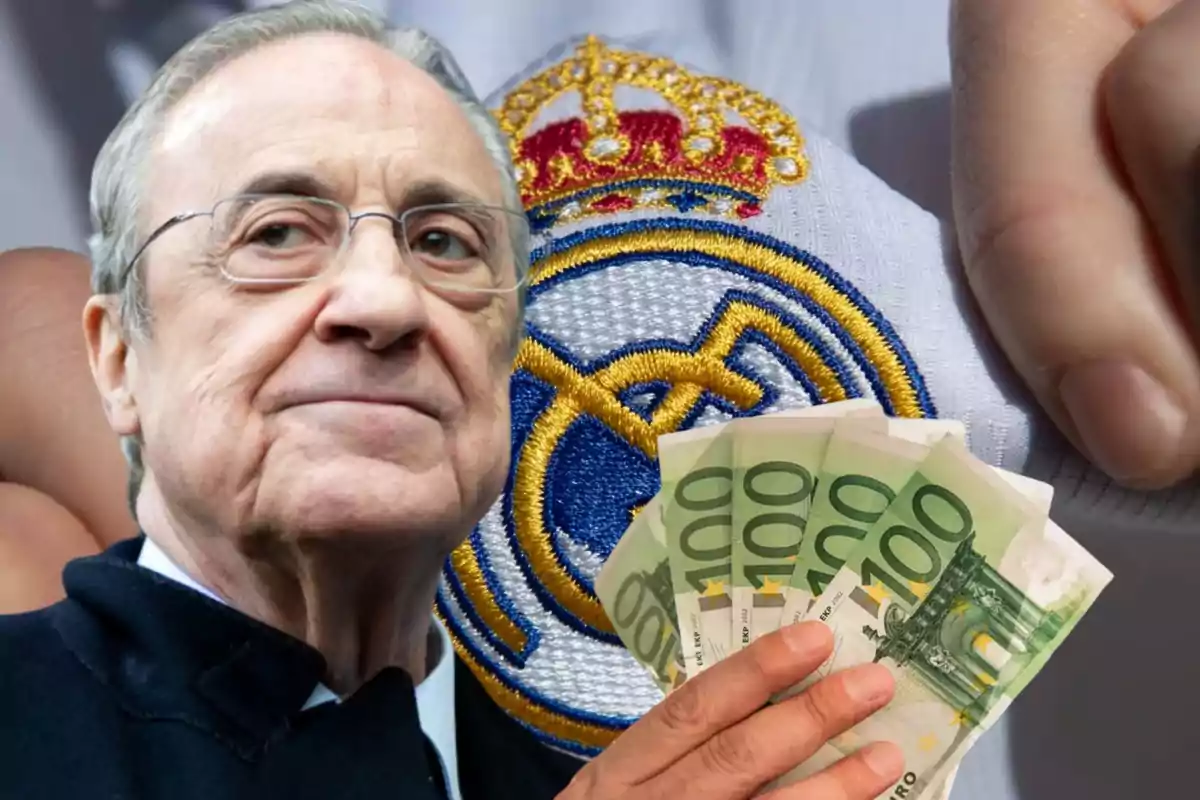 Un hombre mayor con gafas y cabello canoso, sosteniendo billetes de 100 euros, con el escudo del Real Madrid de fondo.