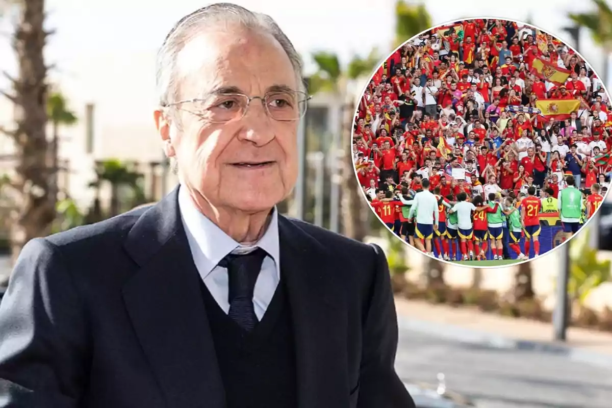 Un hombre mayor con gafas y traje oscuro aparece en primer plano, mientras que en un recuadro se muestra a una multitud de personas vestidas con camisetas rojas celebrando en un estadio.