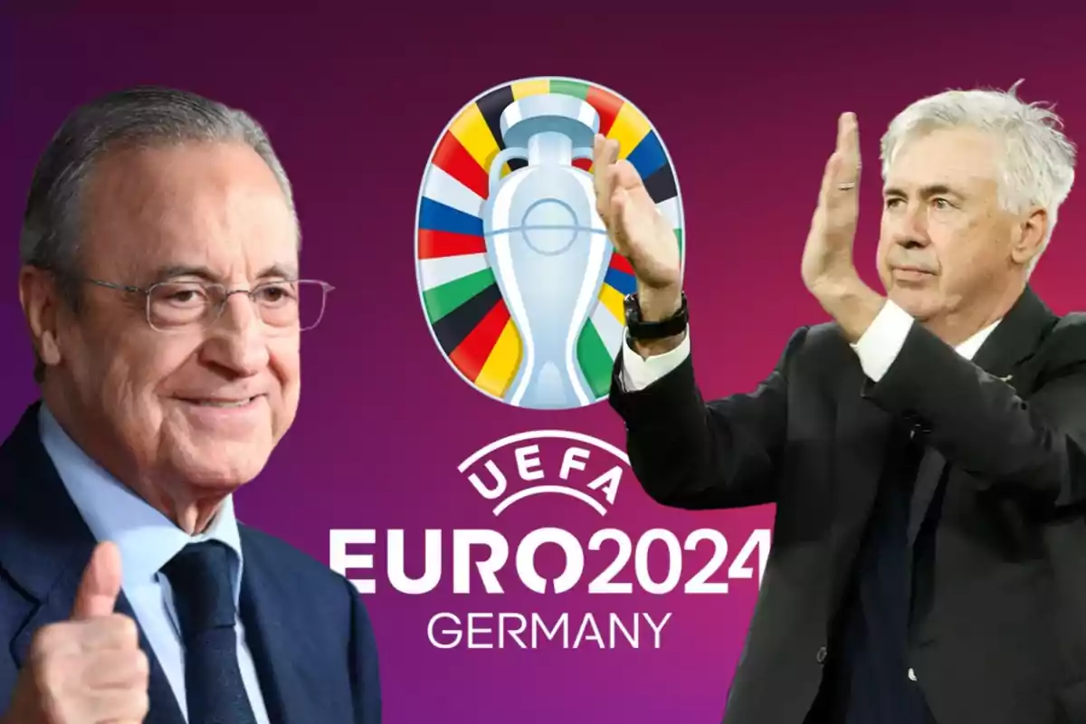 Dos hombres con traje frente al logo de la UEFA Euro 2024 en Alemania.