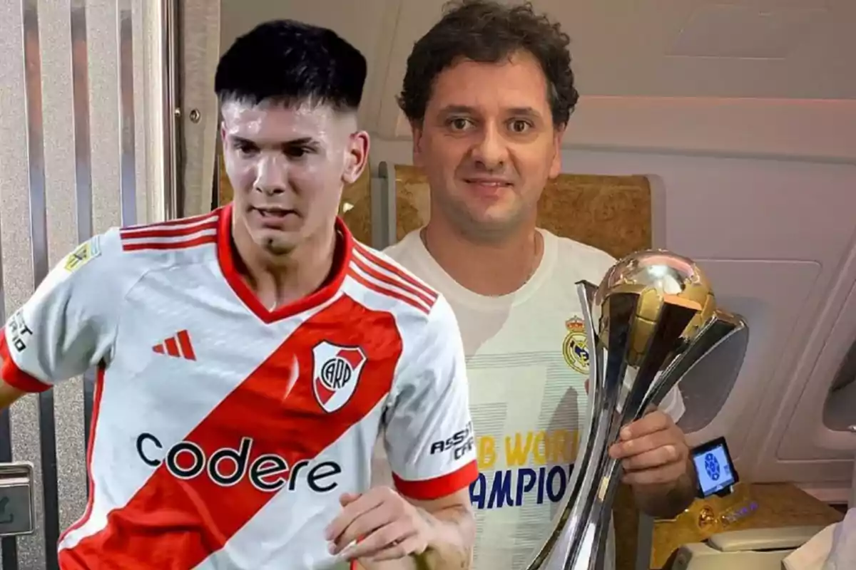 Un jugador de fútbol con la camiseta de River Plate y una persona con una camiseta de Real Madrid sosteniendo un trofeo.