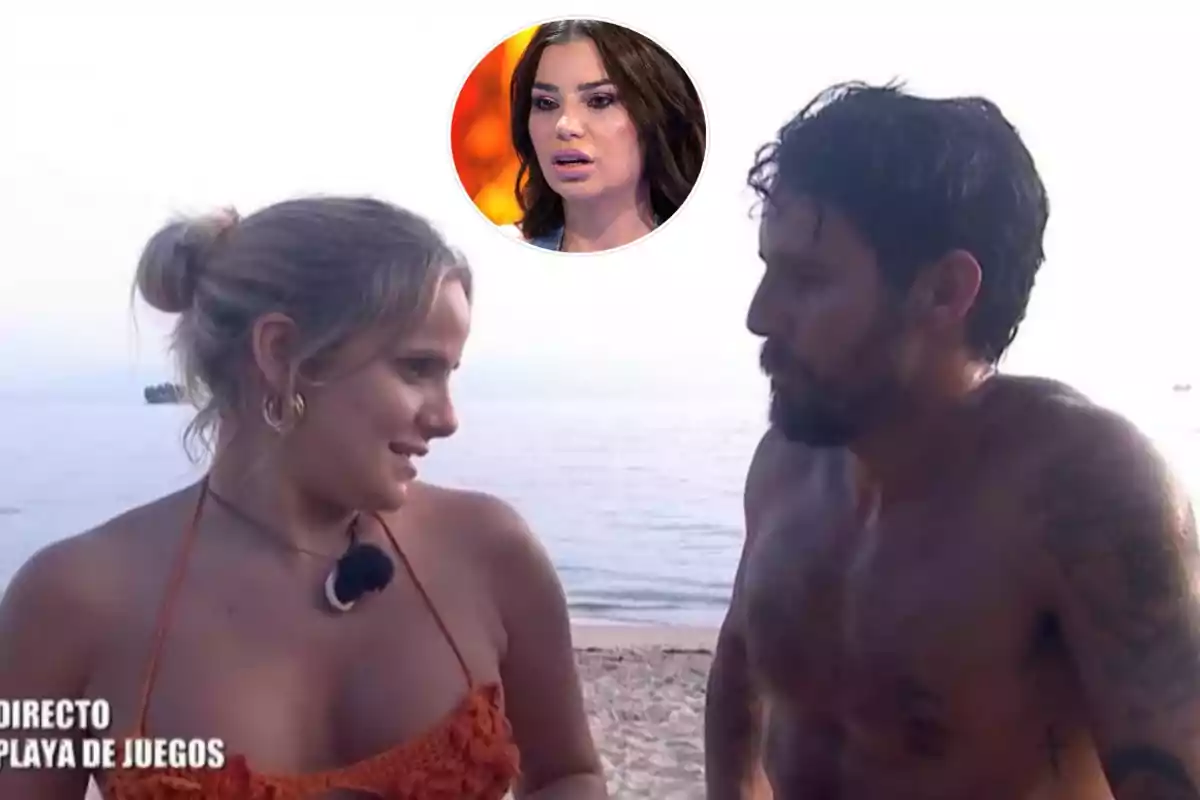 Dos personas conversan en la playa mientras una tercera persona aparece en un recuadro en la parte superior de la imagen.