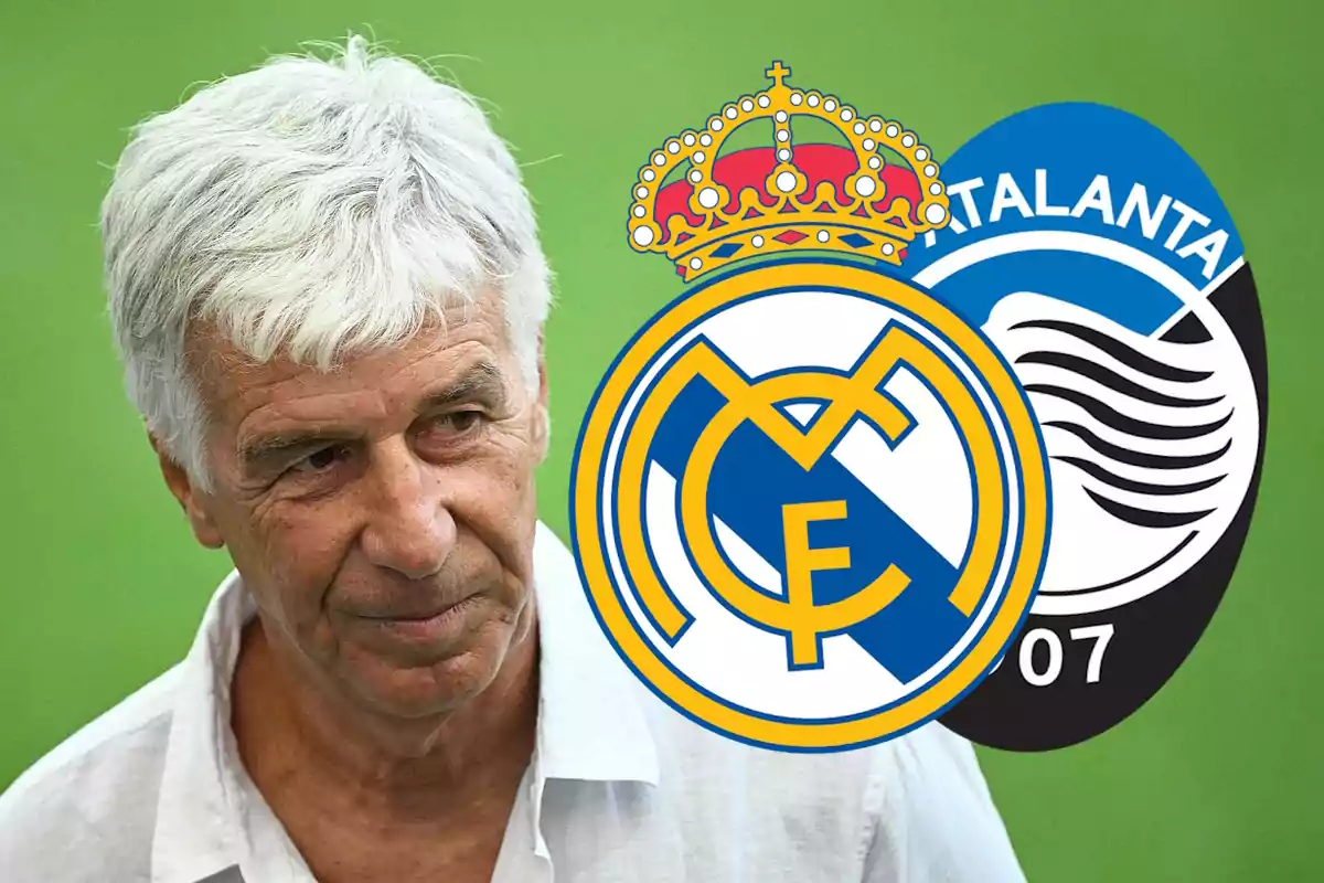 Un hombre mayor con cabello canoso y expresión seria, con los logotipos del Real Madrid y Atalanta superpuestos.