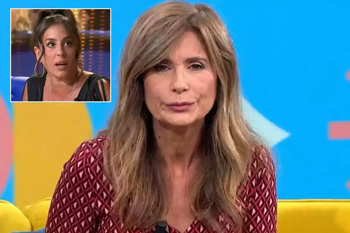 Una mujer con cabello largo y castaño aparece en un programa de televisión, con una imagen insertada de otra mujer con cabello recogido y expresión sorprendida.