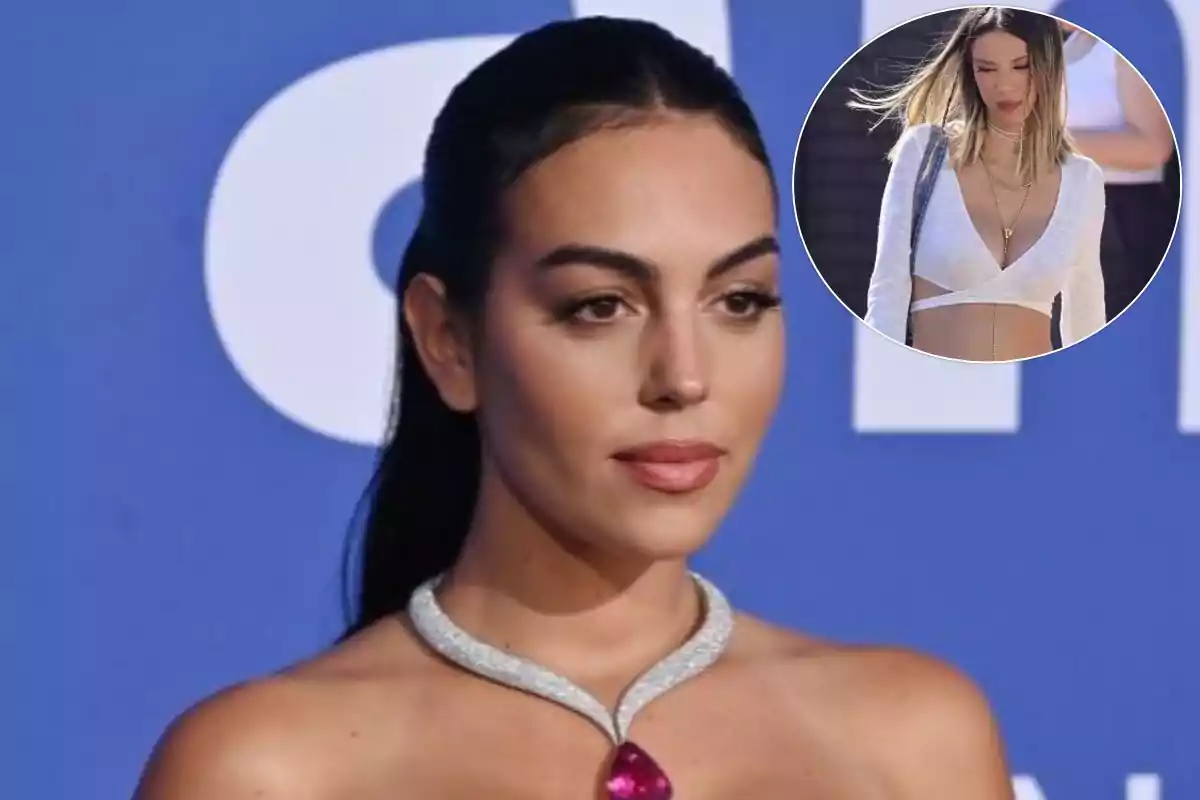 Mujer con collar de diamantes y rubí en un evento, con una imagen insertada de otra mujer con top blanco y cadenas doradas.