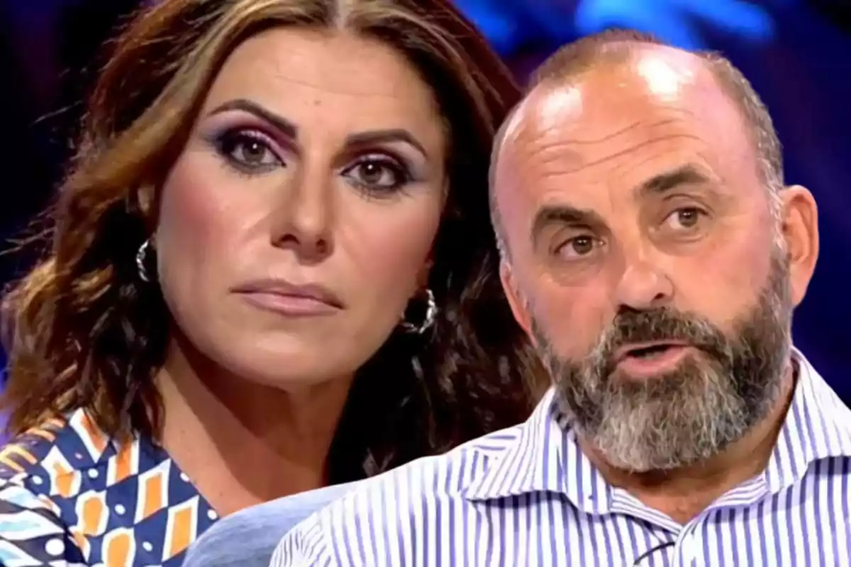 Dos personas en un programa de televisión, una mujer con maquillaje llamativo y un hombre con barba y camisa a rayas.