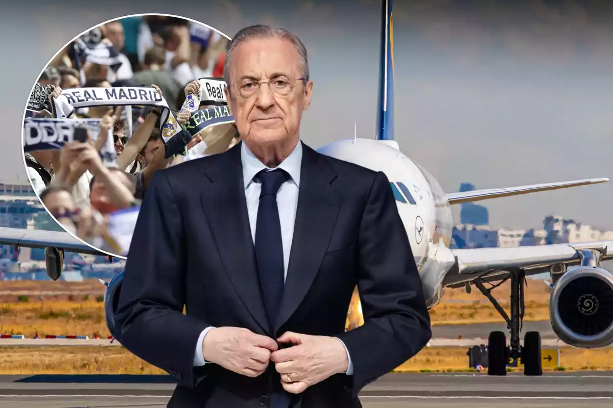 Florentino Pérez junto a la afición del Real Madrid y un avión detrás